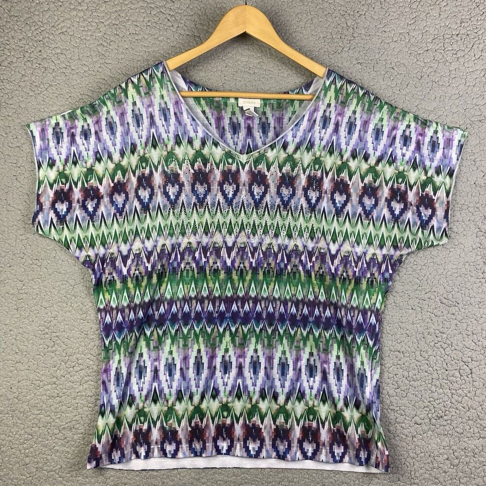 Chicos Top Shirt Womens Sz 2 L Blue Green Geometric Rhinestones V Neck Colorful‎